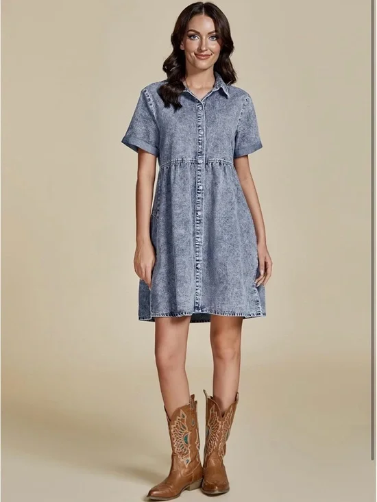 Denim Short Sleeve Button-Front Mini Dress / Medium - Picture 4 of 4